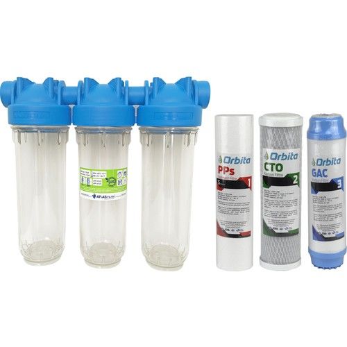 Atlas 10 Inç Dp Üçlü Trıo Housıng 3/4'' Dolu Filtre Kabı - 5 Mikron, CTO ve GAC